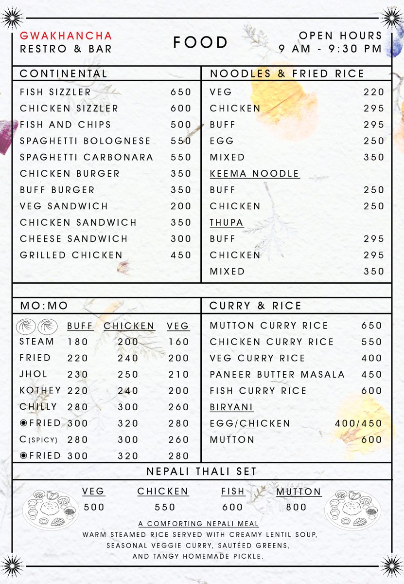 Printed food menu, continental, noodles, momo, curry