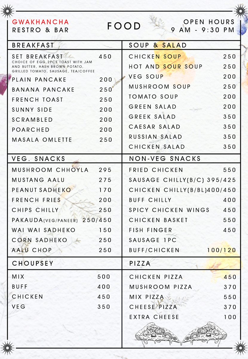 Printed food menu, breakfast, soups, snacks, pizza